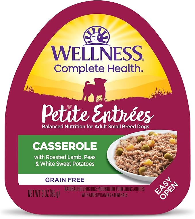 Wellness Petite Entrees Casserole Small Breed Adult Wet Dog Food, Grain Free, Natural, Roasted Lamb, Peas, and White Sweet Potatoes, 3 oz, Pack of 12 Cups
