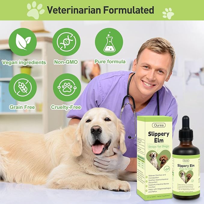 Slippery Elm for Dogs, Organic Herbal Digestive Support Drops for Dog Diarrhea Constipation Sensitive Stomach Acid Reflux, Promotes Healthy Digestion Bowel Function, Liquid Formula for All Breeds