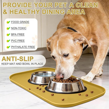 Smilool Silicone Pet Food Mat with Raised Edge for Food and Water Bowl, Dog Feeding Mats, Cat Food Trays for Floor Waterproof, Rubber Tray for Dogs and Cats, 22 x 14 x 0.8 Honey