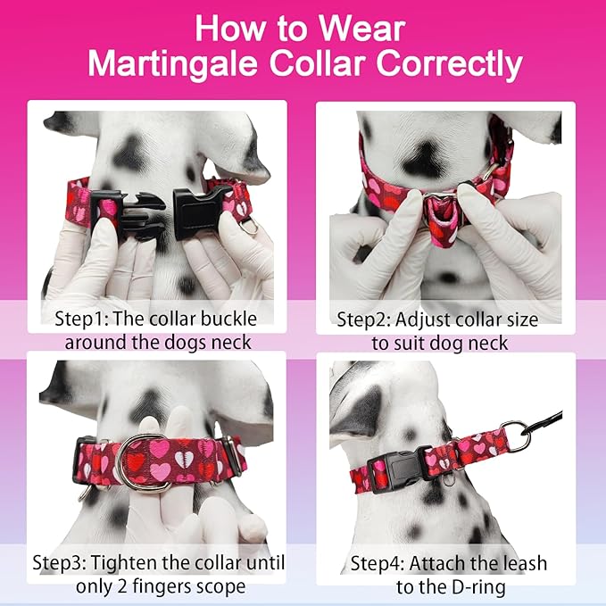 Pink Martingale Collar for Dogs with Buckle Adjustable Heart Valentines Dog Collars (Burgundy Love, Medium)