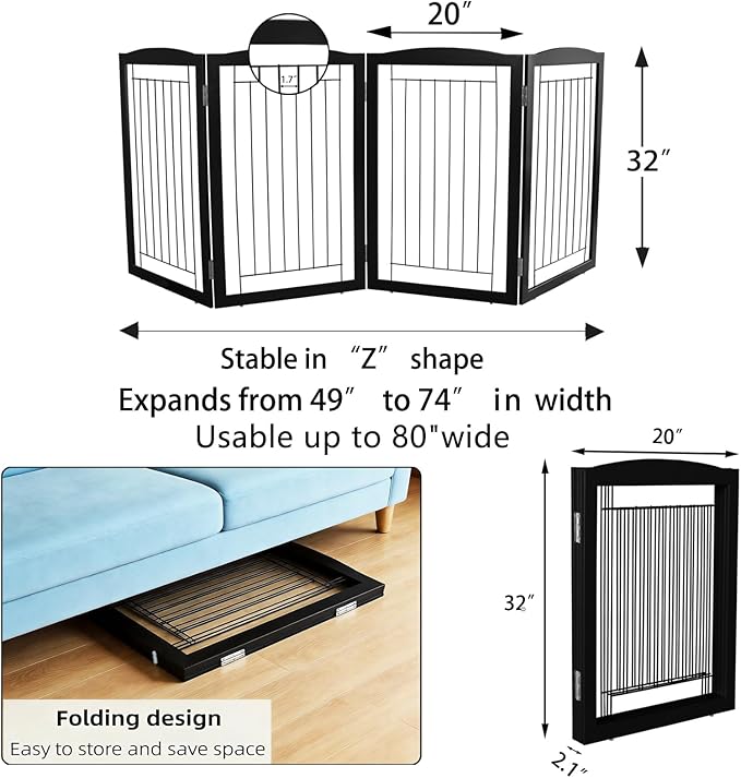 ZJSF Freestanding Foldable Dog Gate for House Extra Wide Wooden Black Indoor Puppy Gate Stairs Dog Gates Doorways Tall Pet Gate 4 Panels Fence
