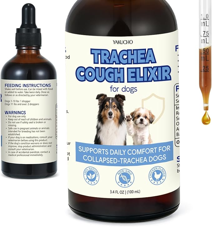 3.4 FL OZ Dog Tracheal Collapse Support Drops, Trachea Cough Elixir, Herbal Respiratory Support for Dogs, Helps Ease Throat & Airway Irritation and Maintain Healthy Tracheal Function (Chicken Flavor)