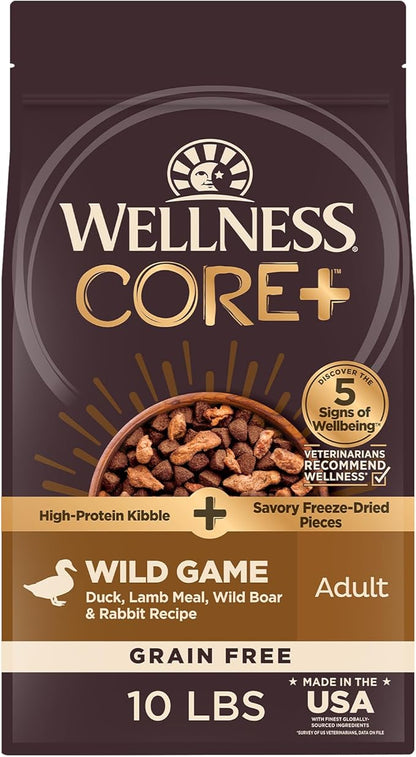 Wellness CORE+ Adult Dry Dog Food with Freeze Dried Pieces, Grain Free Kibble+, Natural, High Protein, Wild Game Duck, Lamb, Boar, and Rabbit Recipe, 10 lb Bag