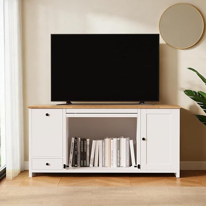 55 ” Wooden Dog Crate Furniture for Medium Dogs, End Table Sideboard Heavy Duty Dog House TV Stand with Pull-Out Feeding Station, Storage Cabinets and Drawer, Decorative Indoor White