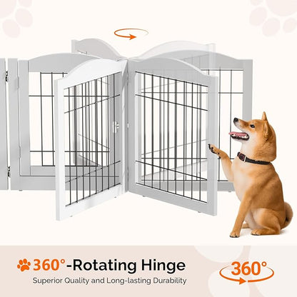 Bonnlo Freestanding Dog Gate, 24" H Pet Gate with 4 Panel Walk Through Door, Foldable Dog Safety Fence for Stairs Doorways Fireplace Up to 146'' Wide (White, 24" H-4 Panels with Door)