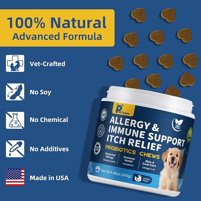 Dogs Allergy & Itch Relief Chews, Dog Probiotics for Skin & Immune Support Helps Relieve Itchy Skin & Ear, Dog Allergy Supplement for Paw Licking, Itching Skin Relief with Colostrum, Fish Oil (Brown)