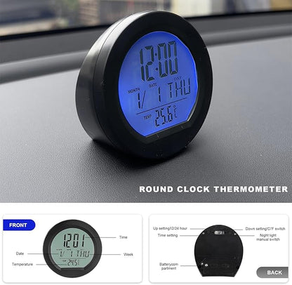 Car Digital Thermometer Clock, Battery Powered Mini Dashboard Clock with Date & 12/24 Hour Format Time, Adhesive LCD Display Watch with Backlight for Vehicle Office Home