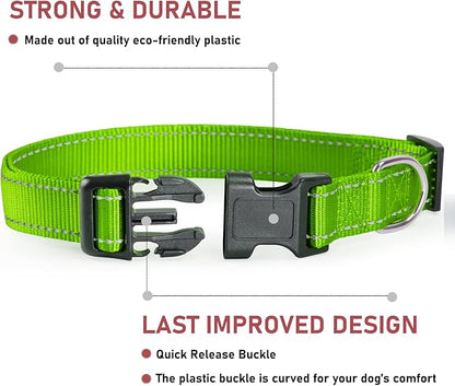 Reflective Dog Collar with Buckle Adjustable Safety Nylon Collars for Small Medium Large Dogs, Grass Green XXS