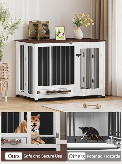 39.4" Dog Crate Furniture - Sturdy Dog Kennel with 360° Rotating Feeder & Removable Tray, Wooden End Table for Living Room, Dog Cage for Small & Medium, White