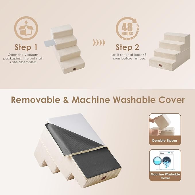 EHEYCIGA Dog Stairs for Bed 20" H, 4-Step Extra Wide Dog Steps for High Bed, Pet Steps for Small Dogs and Cats, Non-Slip Balanced Pet Ramp Indoor, Beige