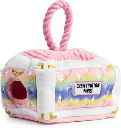 Haute Diggity Dog Chewy Vuiton Trunk Puzzle with 3 Plush Squeaky Dog Toys, Soft Durable Designer-Inspired Stuffed Puppy Chew Toys for Small & Medium Dogs, Machine-Washable (Pink Ombre) One Size