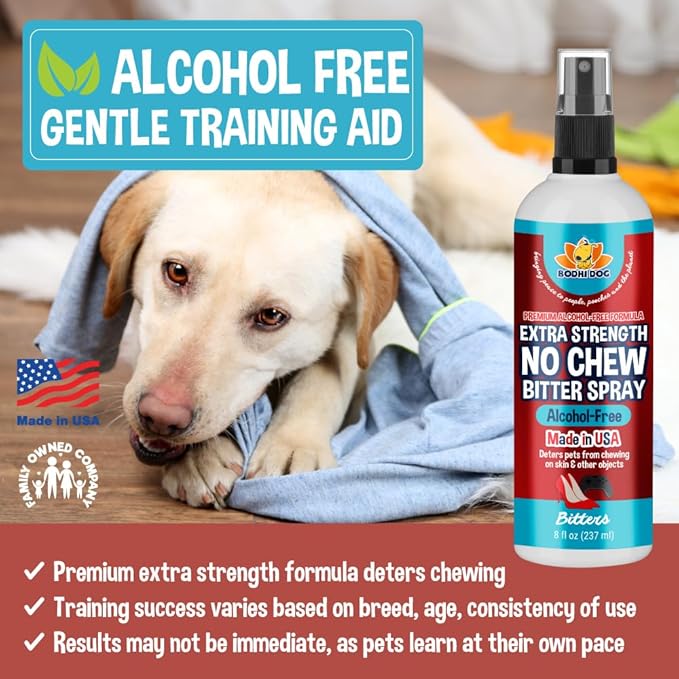 Bodhi Dog Bitter 2-in-1 No Chew & Hot Spot Spray (Alcohol Free) - Natural Anti-Chew Remedy Better Than Bitter Apple - Soothes Hot Spots, Deters Chewing - Safe for Skin, Wounds & Furniture (8 Fl Oz)