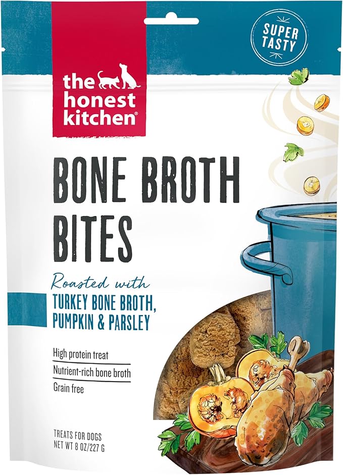The Honest Kitchen Human Grade Dog Treats Bone Broth Bites: Roasted with Turkey Bone Broth & Pumpkin, 8 oz Bag