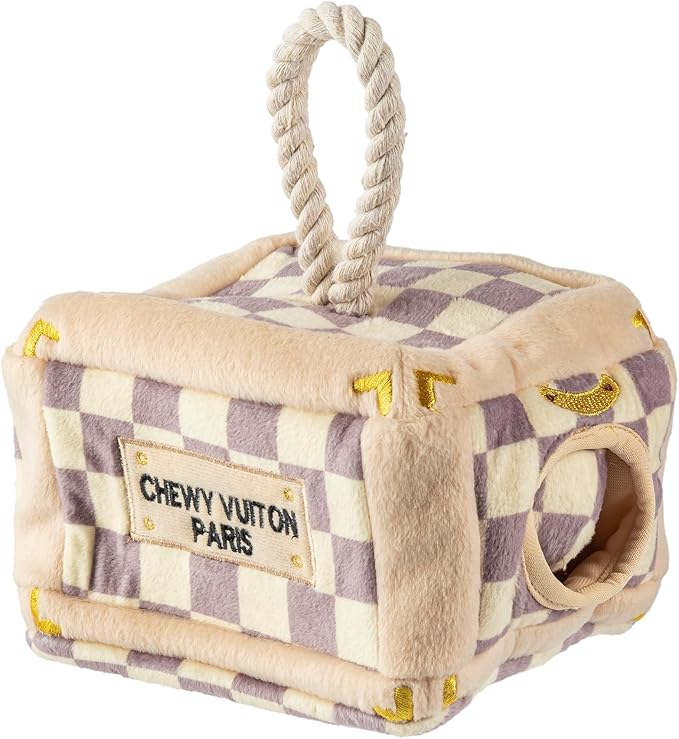 Haute Diggity Dog Chewy Vuiton Trunk Puzzle with 3 Plush Squeaky Dog Toys, Soft Durable Designer-Inspired Stuffed Puppy Chew Toys for Small & Medium Dogs, Machine-Washable (Tan Checker) One Size
