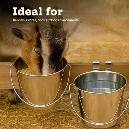 9 Quart Stainless Steel Flat Sided Bucket with Dual Hooks | 2 Pcs Food & Water Bowl for XL Dog Goat Cattle Horse & Livestock | Fits kennel Crate Cages Farm Hanging Pet Pail | Multipurpose