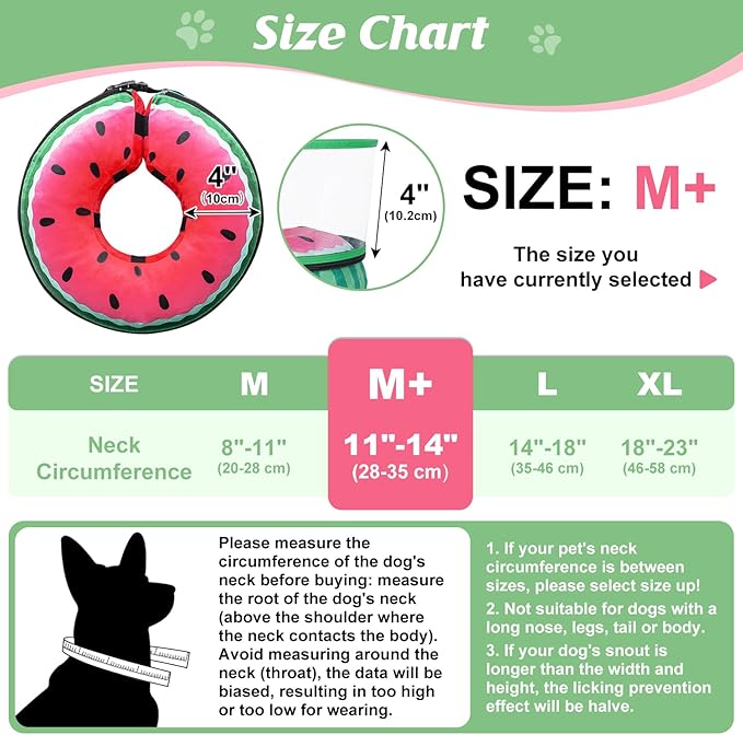 Inflatable Dog Cone, Watermelon Donut Collar After Surgery, Donut Cone with Detachable Anti-Licking Shield, Soft Recovery Collar for Large Medium Pets Does Not Block View