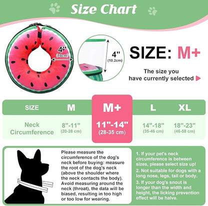 Inflatable Dog Cone, Watermelon Donut Collar After Surgery, Donut Cone with Detachable Anti-Licking Shield, Soft Recovery Collar for Large Medium Pets Does Not Block View