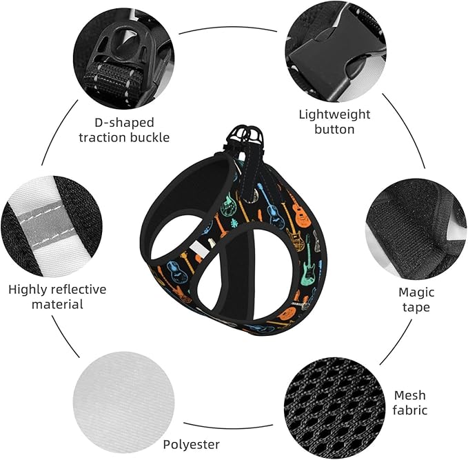 Dog Harness and Leash Set with Electric Guitars Music Pattern, Breathable Mesh Vest with Reflective Strips, Adjustable No Pull Pet Harness for Small Dogs and Cats Medium