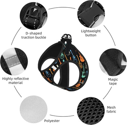 Dog Harness and Leash Set with Electric Guitars Music Pattern, Breathable Mesh Vest with Reflective Strips, Adjustable No Pull Pet Harness for Small Dogs and Cats Small