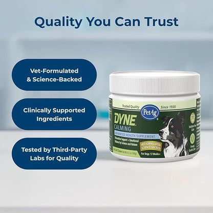 PetAg Dyne Soft Chews, Calming Supplement - Vet-Formulated for Dogs to Manage Normal Stress from Loud Noises, Travel & Separation - Non-Sedative - 60 Chicken Liver Flavor Chews