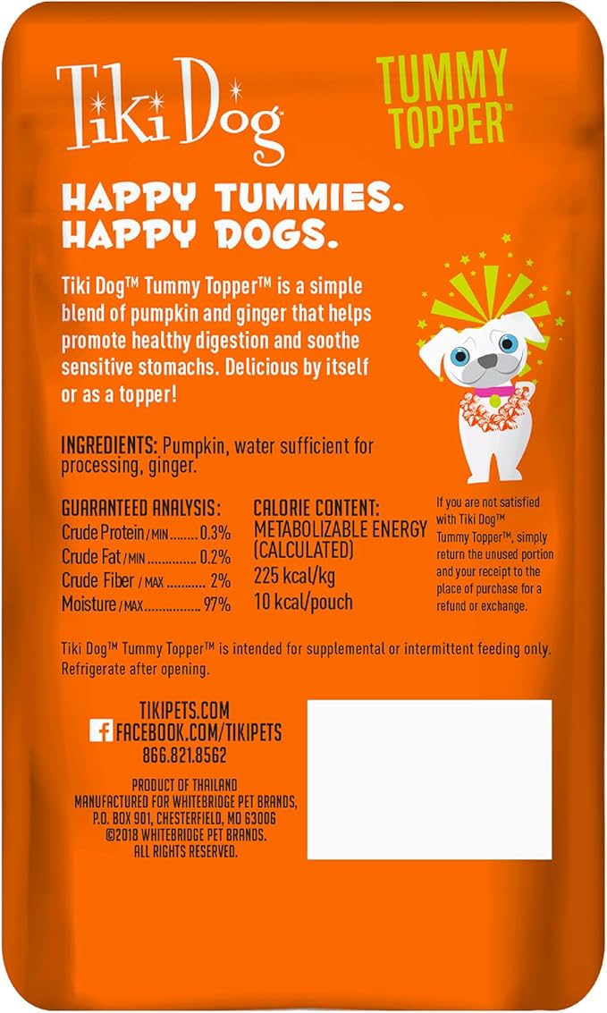 Tiki Dog Single-Serve Tummy Topper, Grain-Free Pumpkin Purée with Ginger for Sensitive Stomachs, 1.5oz Pouches (Pack of 12)