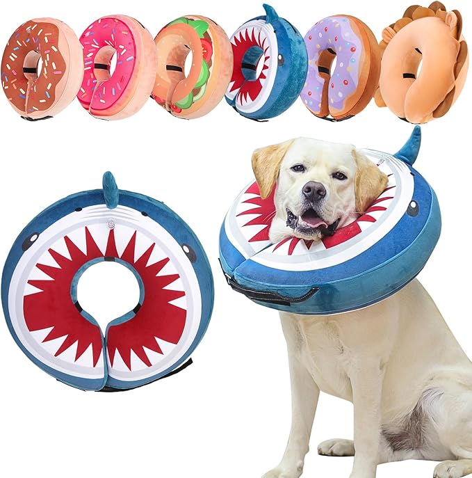 BEAUTYZOO Dog Cone Alternative After Surgery for Large Medium Small Dogs, Soft Inflatable Cone Collar for Dogs Cats, Neck Donut E Collar Dog Recovery Collar to Stop Licking, Shark Blue, XL