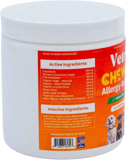 Vetr Allergy Relief Chews for Dogs - Dog Itching Skin Relief, Dog Allergy Treats with Probiotics and Omega-3 - Chicken Flavored 60 Count - Vet-Formulated in USA