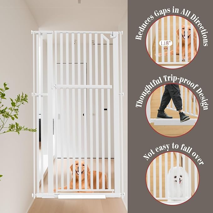 Glaf Extra Tall Pet Gate 63" Pressure Mounted Cat Door Safety Metal Cat Gate Adjustable Width Dog Gate Auto-Close Dog Door for Doorways, Stairs, Kitchen, Hallway (White, 33.86-37.4")