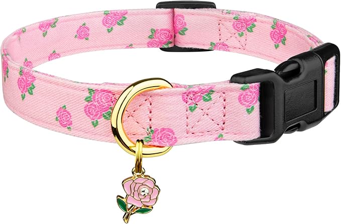 Cotton Handmade Dog Collar Cute and Distinctive Patterns Pink Rose with Pendant for Girl Boy Dogs Collars M