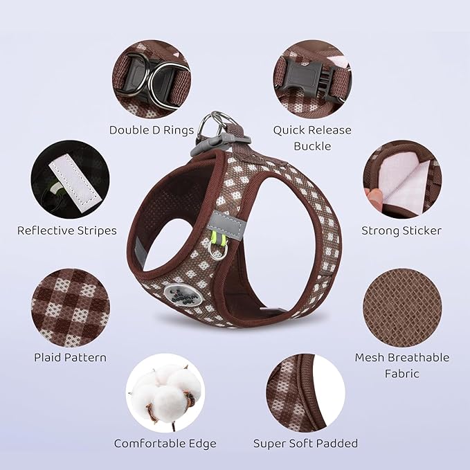Small Dog Harness and Leash Set, Step in No Pull Adjustable Reflective Pet Harness, Soft Mesh Plaid Vest Harnesses for Small Dogs & Cats Easy Walk Outdoor Hiking Running, Chocolate XS