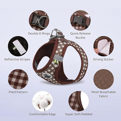 Small Dog Harness and Leash Set, Step in No Pull Adjustable Reflective Pet Harness, Soft Mesh Plaid Vest Harnesses for Small Dogs & Cats Easy Walk Outdoor Hiking Running, Chocolate XS