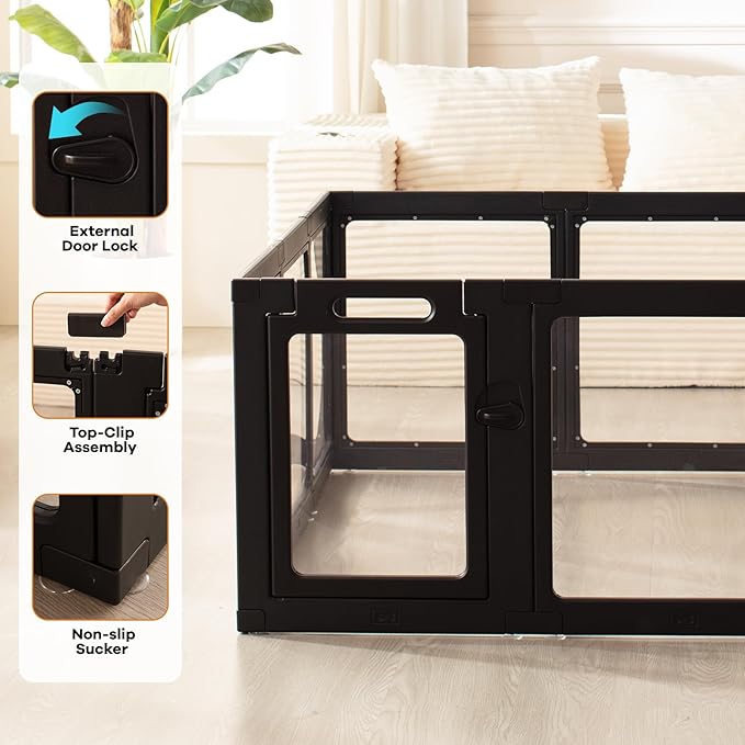 Clear Acrylic Dog Playpen Indoor, Puppy Cat Small Pet Play Pen, Pet Cat Playpen for Rabbits, Dog Fence Crate Kennel Whelping Cage (24", Black, 10 Panel)