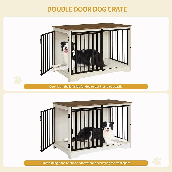 Hzuaneri 39.4" Heavy Duty Dog Crate Furniture with Barn Door, Wood Indoor Dog Crate Kennel for Small/Medium/Large Dogs, End Side Table, TV Stand, Anti-Chew Anti-Escape, White Brown DFC02314B