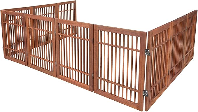 Urnporium Freestanding Wooden Dog Gate Foldable Indoor Pet Gate No Drill Expandable Barrier for Doorways Stairs Hallway Portable Wood Fence for Small Dogs & Puppies (Brown Pet Gate, 10 Panel 24" Tall)