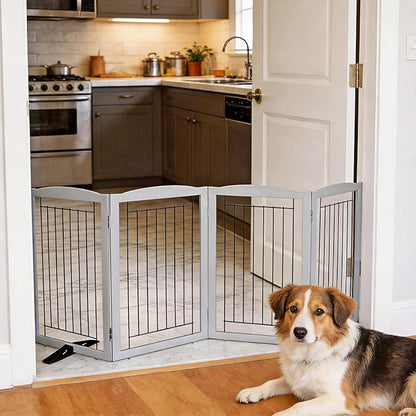 ZJSF Freestanding Dog Fence Indoor, Foldable Dog Gate for Doorways, Stairs or Hallways, Sturdy Wood Extra Wide Pet Gate with Support Feet for The House, Grey, 32 "Height-4 Panels