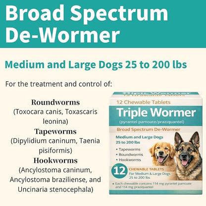Pyrantel Pamoate and Praziquantel De-wormer Tablet for Medium and Large Dogs, Chewable Formula