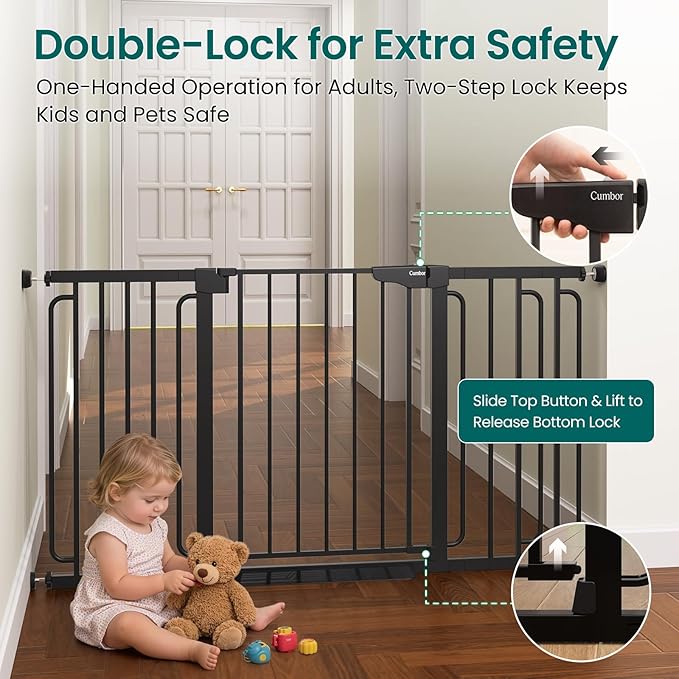 Cumbor 2-Pack Baby & Dog Gates Bundle, 29.7-48" & 30.4-56.8" Extra Wide Safety Gates for Stairs Doorways Hallways, Dual Lock Auto Close Easy Install Pet Gate, Black