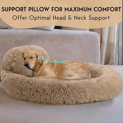 PetJett XL Dog Beds for Large Sized Dog - 45'' Extra Large Dog Bed, Anti-Slip & Washable Super Soft Round Donut Bed, Fluffy Faux Fur Anti-Anxiety Premium Comfort Pet Bed, Fits Dogs up to 120 lbs