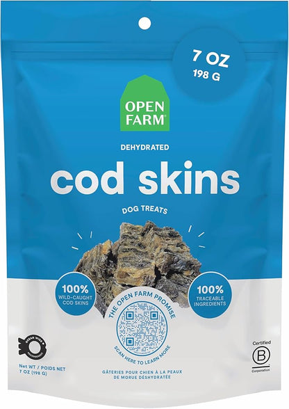 Open Farm, Dehydrated Dog Treats, High Protein & Low Carbohydrate Cod Skins, Crunchy Texture, Single Ingredient Wild-Caught Cod Skins Recipe, 7oz Bag Bulk-Size
