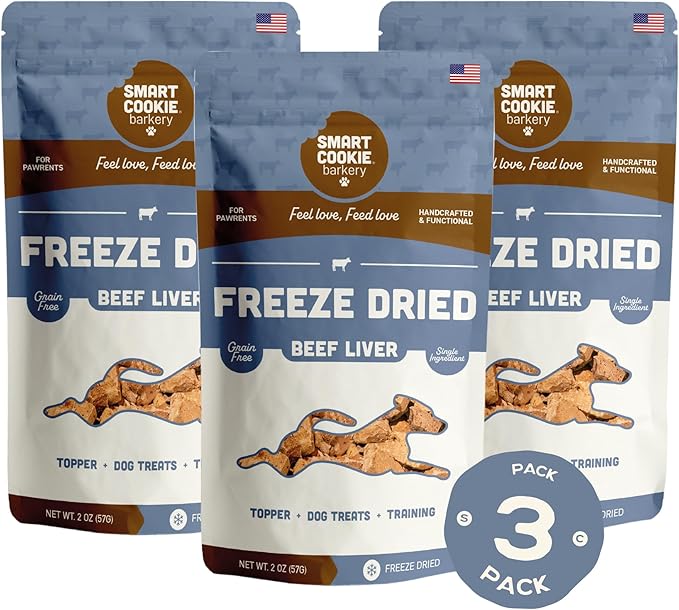 Smart Cookie Freeze Dried Beef Liver Bites - Single Ingredient Freeze Dried Beef Liver Dog Treats for Low Calorie Training Treats for Dogs or Dog Food Topper - Made in USA - 2oz Bag, 3 Pack