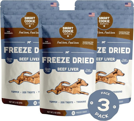 Smart Cookie Freeze Dried Beef Liver Bites - Single Ingredient Freeze Dried Beef Liver Dog Treats for Low Calorie Training Treats for Dogs or Dog Food Topper - Made in USA - 2oz Bag, 3 Pack