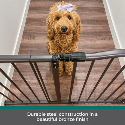 MyPet Windsor Arch Hold-Open & Auto-Close Pressure-Mount Pet Gate: Heavy-Duty Steel Gate 28.5in Tall Comes with Two 5in Extensions from 28in to 38in Wide in Matte Bronze