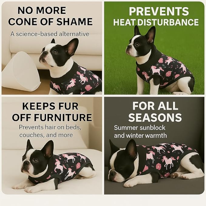 PetWarm Dog Spay Recovery Suit, Recovery Suit for Dogs, Spay and Neuter, Prevents Licking Cotton Protect Dog Abdominal, E-Collar Alternative, Unicorn Pattern, Black, XS