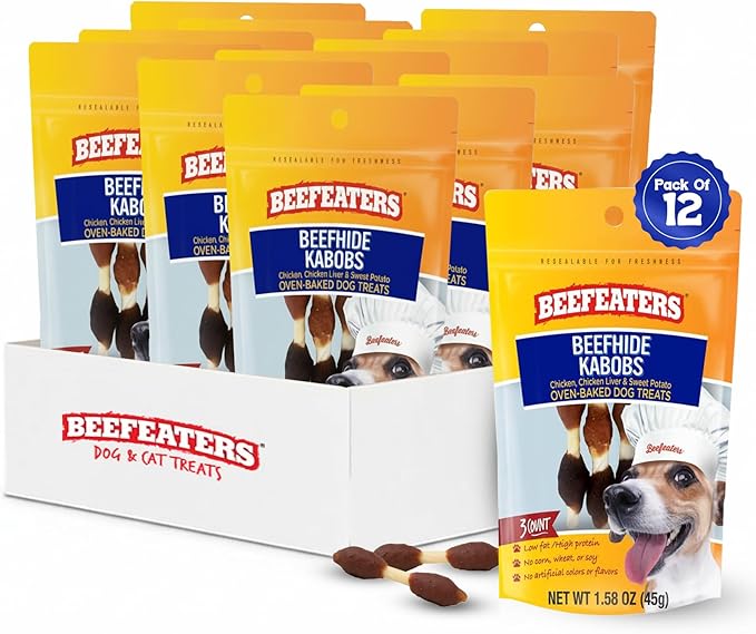 Beefeaters Triple Flavor Beefhide Kabobs 1.58oz (12 Pack) Dog Treats with Real Chicken, Liver & Sweet Potato – Long-Lasting Dog Kabob Treats for Chewing, Dental Support*, Flavor-Packed Treats