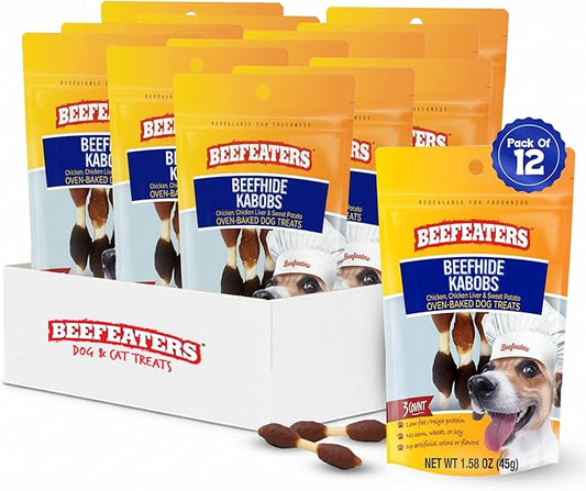 Beefeaters Triple Flavor Beefhide Kabobs 1.58oz (12 Pack) Dog Treats with Real Chicken, Liver & Sweet Potato – Long-Lasting Dog Kabob Treats for Chewing, Dental Support*, Flavor-Packed Treats