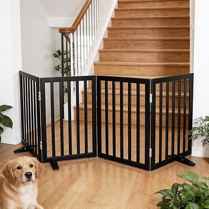 ZJSF Freestanding Indoor Dog Gate for House Foldable Wood Puppy Gate for Doorways Pet Gate for Stairs Extra Wide Pet Fence, Black, 32" Height 4 Panels