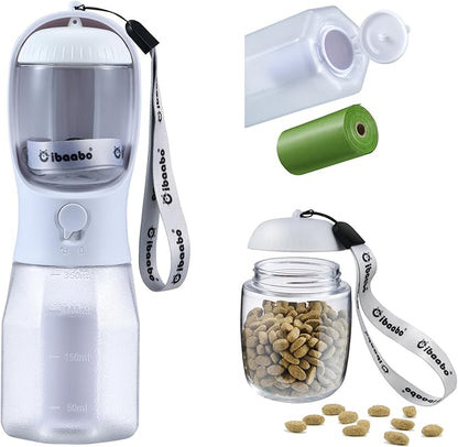 Cibaabo Dog Water Bottle with Food Container & Poop Bag Holder, Travel Water Bowl, Portable Pet Dispenser, Dog Gifts Stuff Accessories Items, Puppy Essentials for Yorkie Chihuahua Walking Hiking