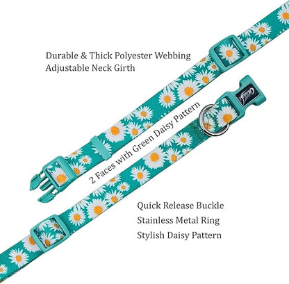 Dog Collar and Leash Set, Cute Daisy Pattern, Polyester Material, 5ft Leash, for Large Dogs.(Large,Green Daisy)