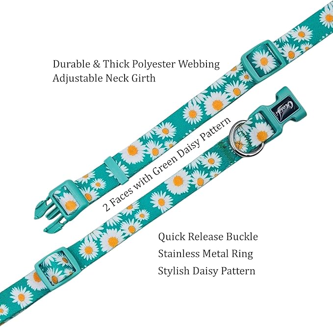 Dog Collar and Leash Set, Cute Daisy Pattern, Polyester Material, 5ft Leash, for Small Dogs.(Small,Green Daisy)