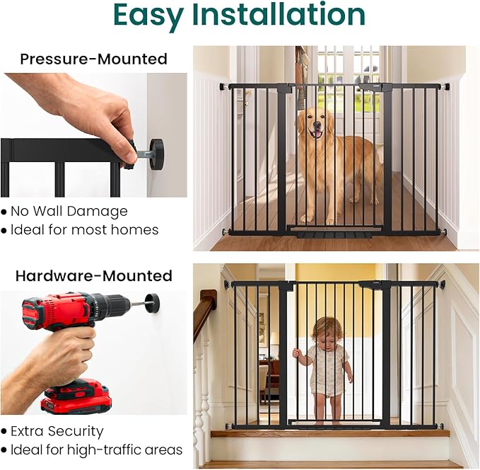Cumbor 30-54" Extra Wide Baby Gate for Stairs, Dual Lock & Self-Closing Dog Gate Indoor, Easy Install Pet Gate for Doorways, Hallways & Kitchen, Easy Walk Thru Safety Proofing for Babies & Pets, Black